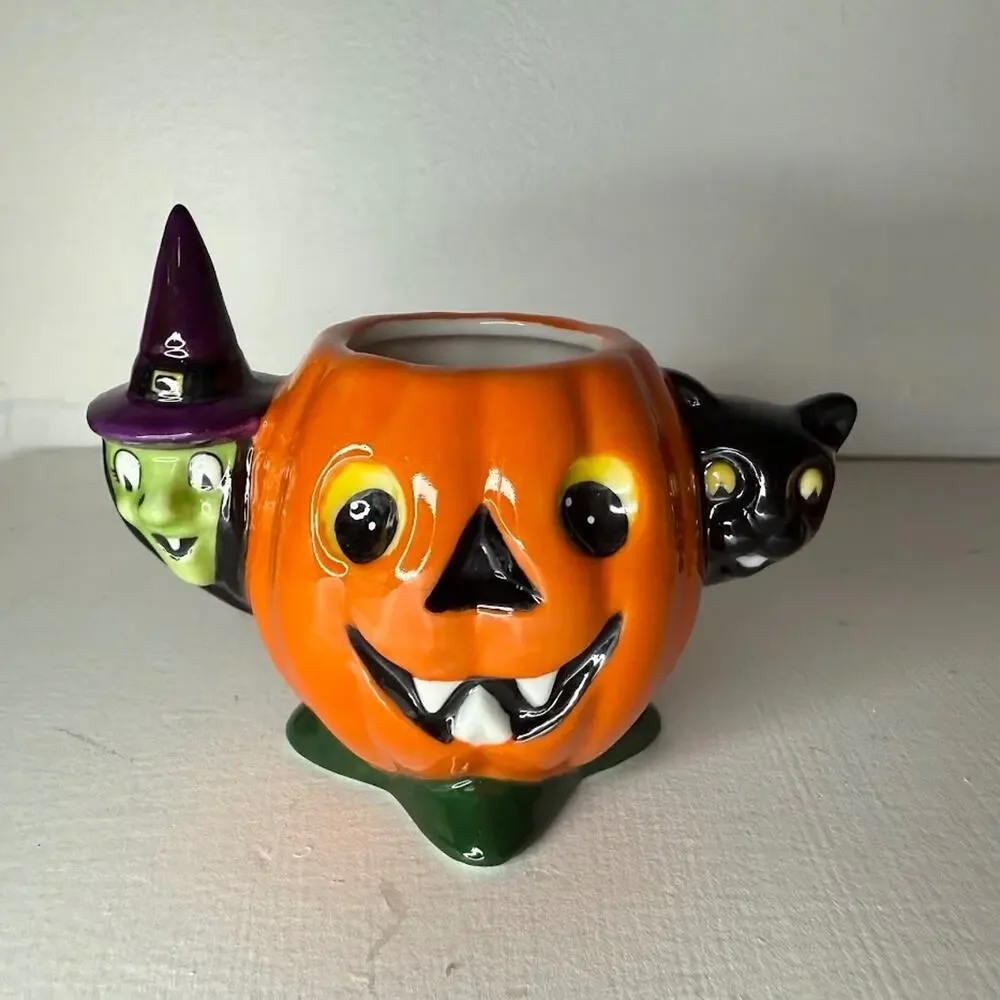 Christopher Radko Halloween Shiny Brite Pumpkin Patch Tea Cups Set 4 Witch Cat